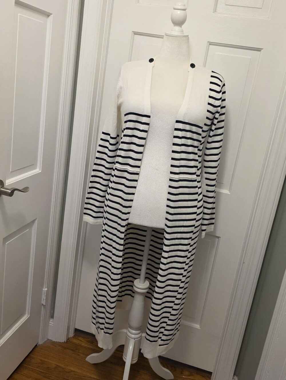 CAbi Navy & White Long Striped Open-Front Cardigan
